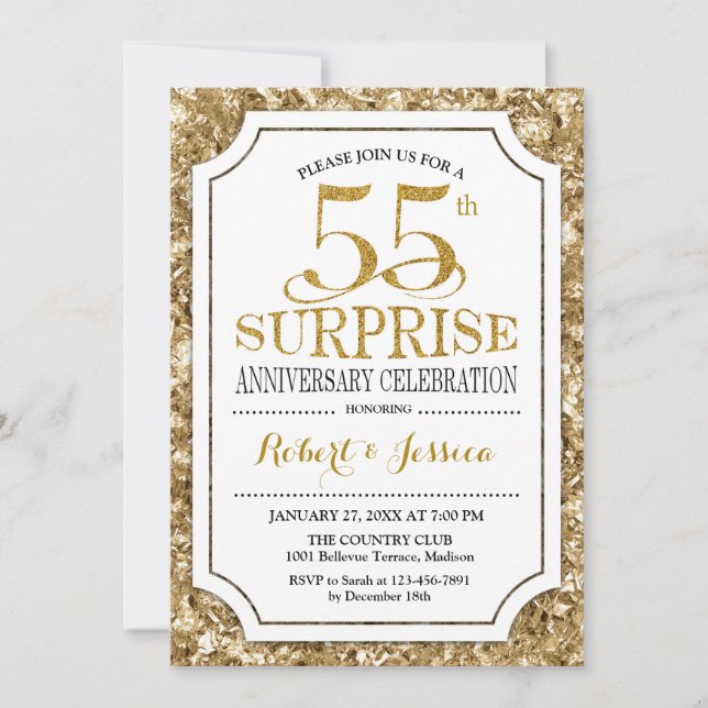 Invitation Surprise 55e anniversaire de mariage - Or blanc (Devant)