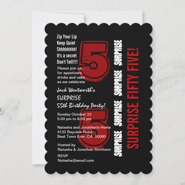Invitation SURPRISE 55e anniversaire moderne Rouge noir blanc (Devant)