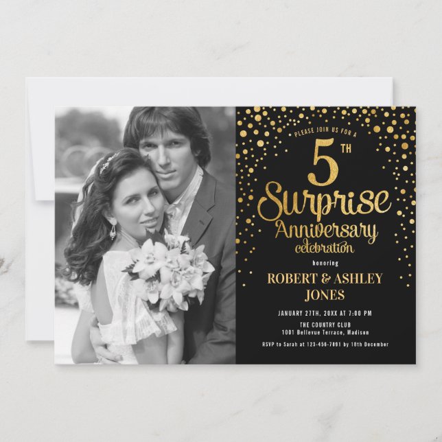 Invitation Surprise 5e anniversaire avec photo - Or noir (Devant)