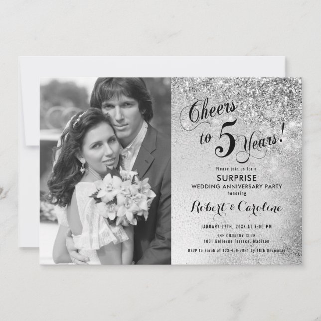 Invitation Surprise 5e anniversaire avec photo - Silver White (Devant)