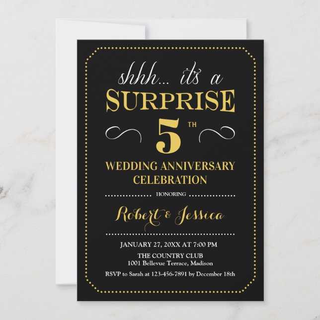 Invitation Surprise 5e anniversaire de mariage - Noir Or (Devant)