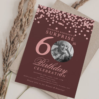Invitation SURPRISE 60 Anniversaire Rose Gold Confetti Bourgo