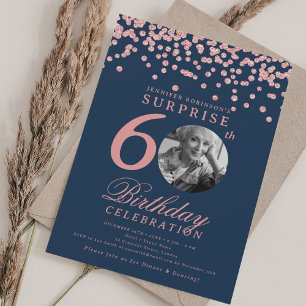 Invitation SURPRISE 60 Anniversaire Rose Gold Confetti Marine