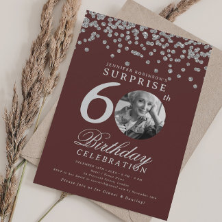 Invitation SURPRISE 60e anniversaire Argent Confetti Bourgogn