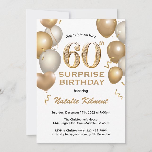 Invitation Surprise 60e anniversaire Ballons blanc et or (Devant)