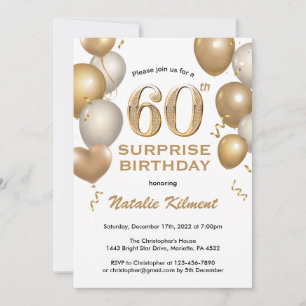 Invitation Surprise 60e anniversaire Ballons blanc et or