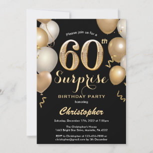 Invitation Surprise 60e anniversaire Ballons noir et or