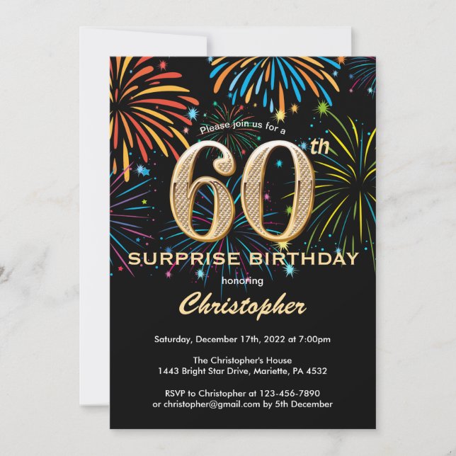 Invitation Surprise 60e anniversaire Black Gold Rainbow Firew (Devant)