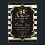 Invitation Surprise 60e anniversaire - Black White Gold<br><div class="desc">Invitation surprise 60e anniversaire. Design classique avec rayures noires et blanches,  police de script et or parties scintillant. Parfait pour une soirée d'anniversaire élégante. Peut être personnalisé pour montrer n'importe quel âge. Message-moi si vous avez besoin d'une personnalisation plus poussée.</div>