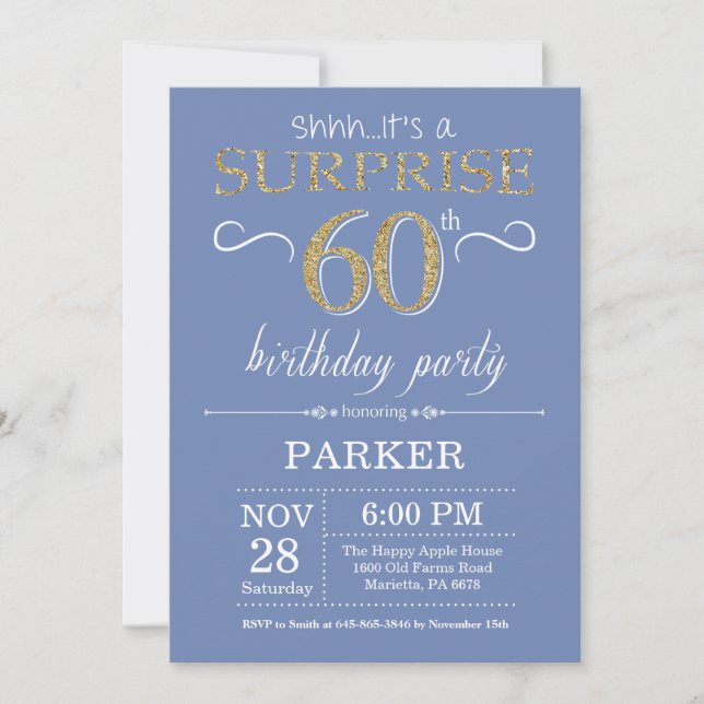 Invitation surprise 60e anniversaire Bleu et or (Devant)