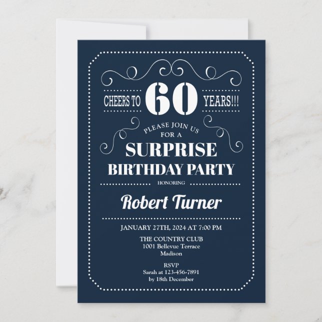 Invitation Surprise 60e anniversaire - bleu marine (Devant)