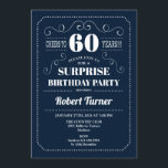 Invitation Surprise 60e anniversaire - bleu marine<br><div class="desc">Surprise 60th Birthday Invitation Elégant design rétro marine bleu et blanc. Salutations à 60 ans ! Peut être customisé pour montrer n'importe quel âge!</div>