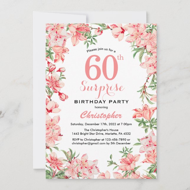Invitation Surprise 60e anniversaire Boho rose botanique flor (Devant)