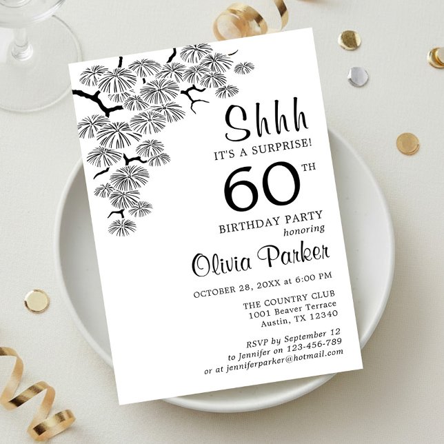 Invitation Surprise 60e anniversaire Branche de Pin Noir Blan (Créateur téléchargé)
