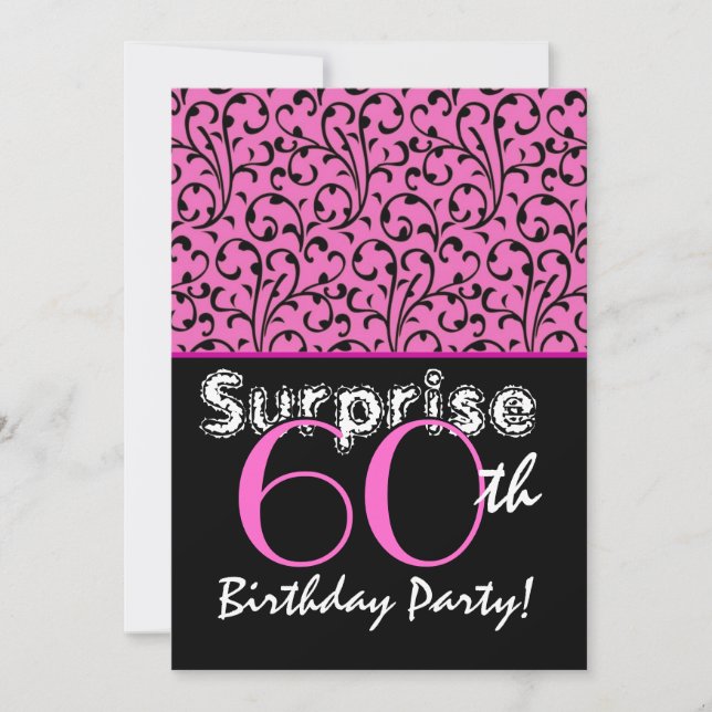 Invitation SURPRISE 60e anniversaire Bright Pink Black Swirls (Devant)