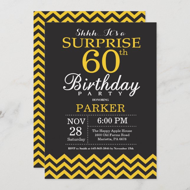 Invitation Surprise 60e anniversaire Chevron noir et jaune (Devant / Derrière)