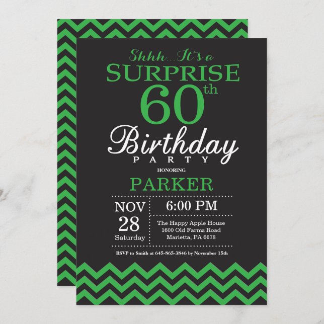 Invitation Surprise 60e anniversaire Chevron noir et vert (Devant / Derrière)