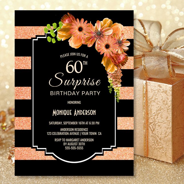 Invitation Surprise 60e anniversaire Corail rayé Floral (Créateur téléchargé)