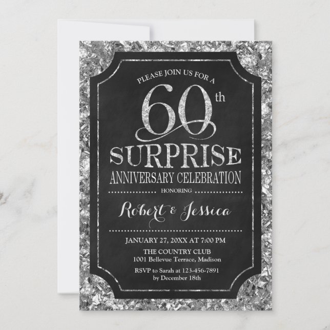 Invitation Surprise 60e anniversaire de mariage - Argent Noir (Devant)