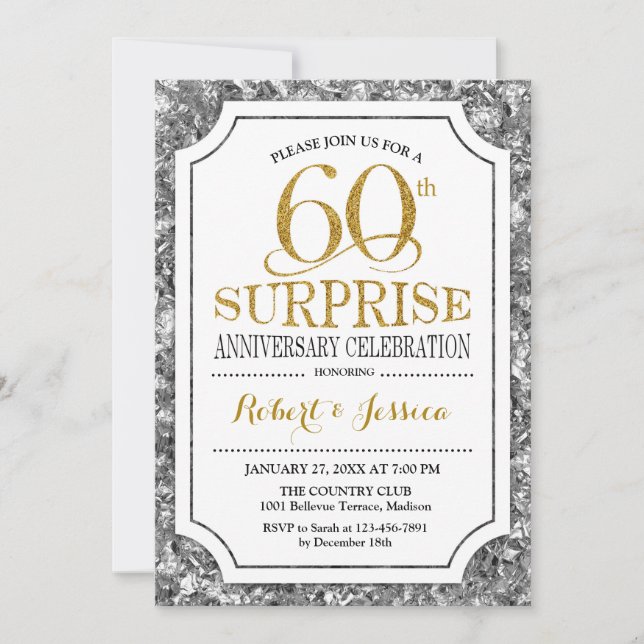 Invitation Surprise 60e anniversaire de mariage - Argent Or (Devant)