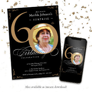 Invitation Surprise 60e anniversaire Elegant Black Gold Photo