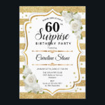 Invitation Surprise 60e anniversaire - Gold White<br><div class="desc">Invitation surprise 60e anniversaire. Design féminin avec parties scintillant d'or faux. Comprend des rayures,  des roses blanches,  des caractères de script et des confettis. Parfait pour une soirée d'anniversaire élégante. Peut être personnalisé pour montrer n'importe quel âge. Message-moi si vous avez besoin d'une personnalisation plus poussée.</div>