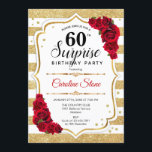 Invitation Surprise 60e anniversaire - Gold White Red<br><div class="desc">Invitation surprise 60e anniversaire. Blanc féminin,  design rouge avec faux or parties scintillant. Comprend des rayures,  des roses rouges,  des caractères de script et des confettis. Parfait pour une soirée d'anniversaire élégante. Peut être personnalisé pour montrer n'importe quel âge. Message-moi si vous avez besoin d'une personnalisation plus poussée.</div>