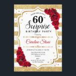 Invitation Surprise 60e anniversaire - Gold White Red<br><div class="desc">Invitation surprise 60e anniversaire. Blanc féminin,  design rouge avec faux or parties scintillant. Comprend des rayures,  des roses rouges,  des caractères de script et des confettis. Parfait pour une soirée d'anniversaire élégante. Peut être personnalisé pour montrer n'importe quel âge. Message-moi si vous avez besoin d'une personnalisation plus poussée.</div>