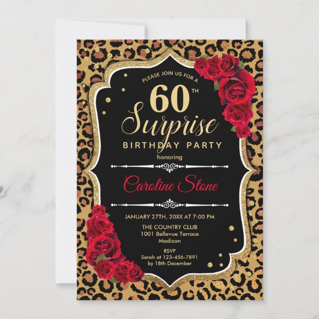 Invitation Surprise 60e anniversaire - Leopard Black Gold Red (Devant)