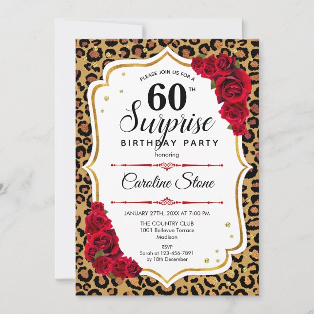 Invitation Surprise 60e anniversaire - Leopard Gold Blanc Rou (Devant)