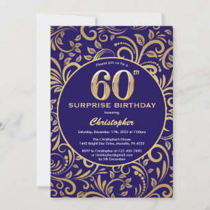 Invitation Surprise 60e anniversaire Marine bleu et or floral