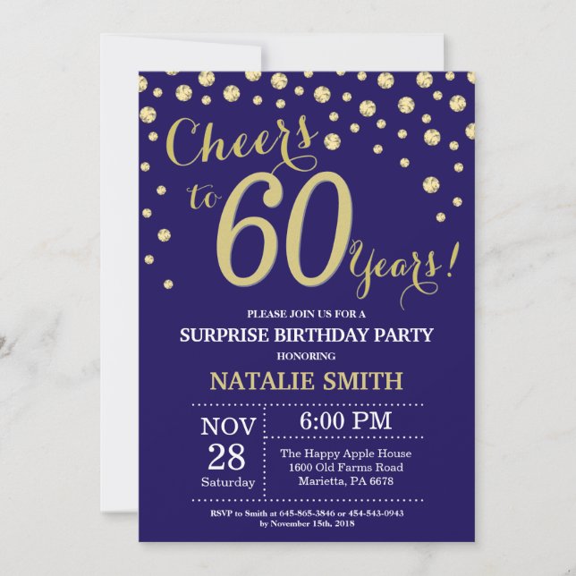 Invitation Surprise 60e anniversaire Navy Blue and Gold Diamo (Devant)