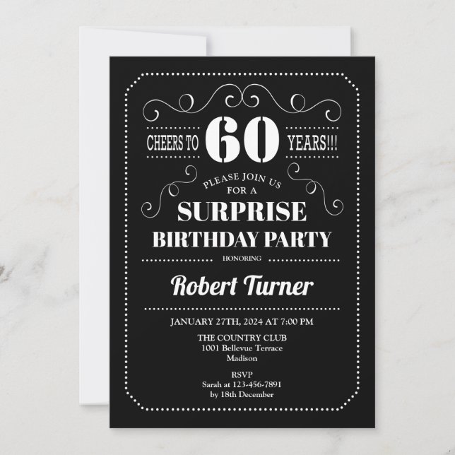 Invitation Surprise 60e anniversaire - Noir Blanc (Devant)
