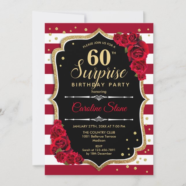 Invitation Surprise 60e anniversaire - Noir Blanc Rouge (Devant)