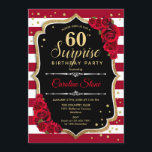 Invitation Surprise 60e anniversaire - Noir Blanc Rouge<br><div class="desc">Invitation surprise 60e anniversaire. Feminine, noir blanc, rouge design avec faux or parties scintillant. Comprend des rayures bordeaux et blanches, des roses rouges, des caractères de script et des confettis. Parfait pour une soirée d'anniversaire élégante. Peut être personnalisé pour montrer n'importe quel âge. Message-moi si vous avez besoin d'une personnalisation...</div>