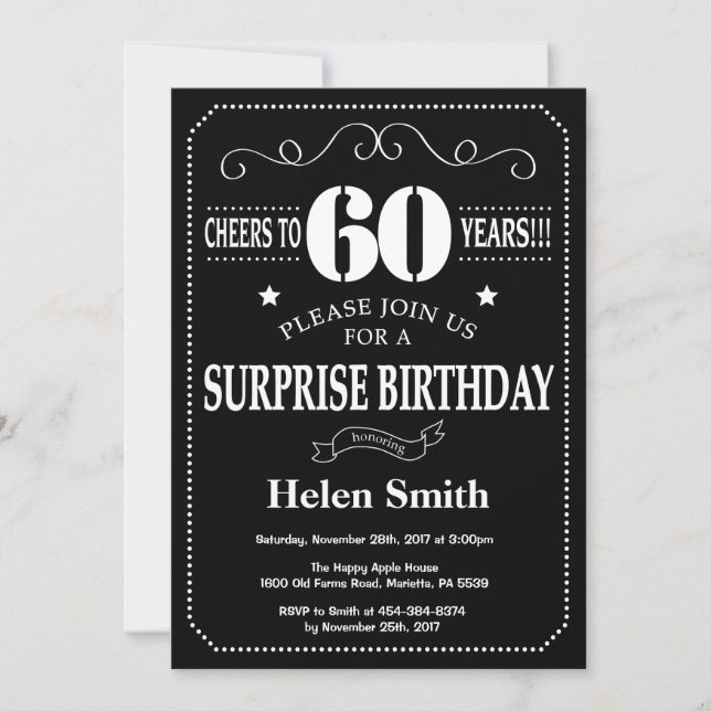 Invitation Surprise 60e anniversaire Noir et blanc tableau no (Devant)