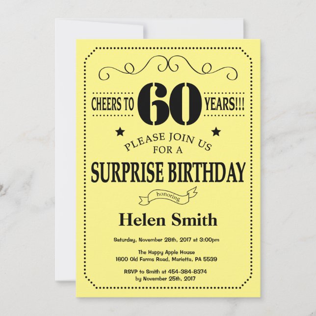 Invitation Surprise 60e anniversaire noir et jaune (Devant)