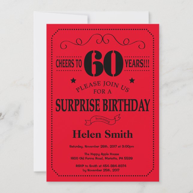 Invitation surprise 60e anniversaire Noir et Rouge (Devant)