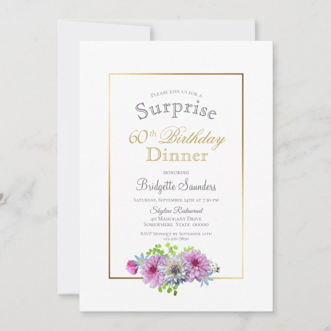 Invitation Surprise 60e anniversaire Pink Floral Gold Diner (Devant)