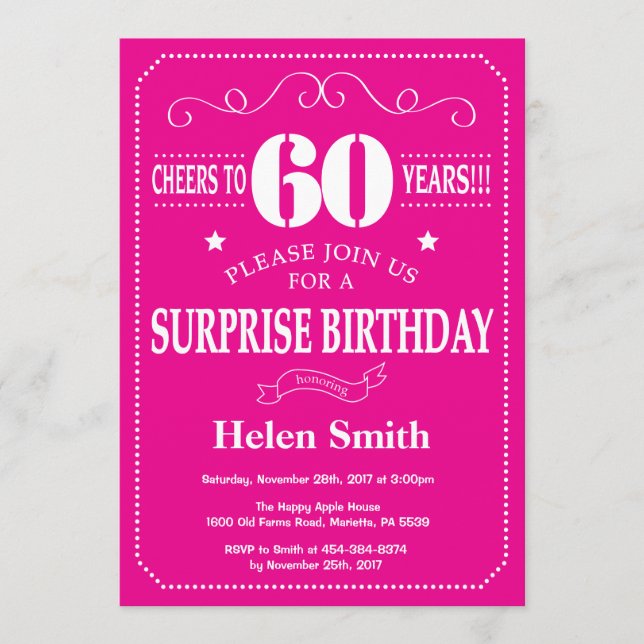 Invitation Surprise 60e anniversaire rose et blanc (Devant)