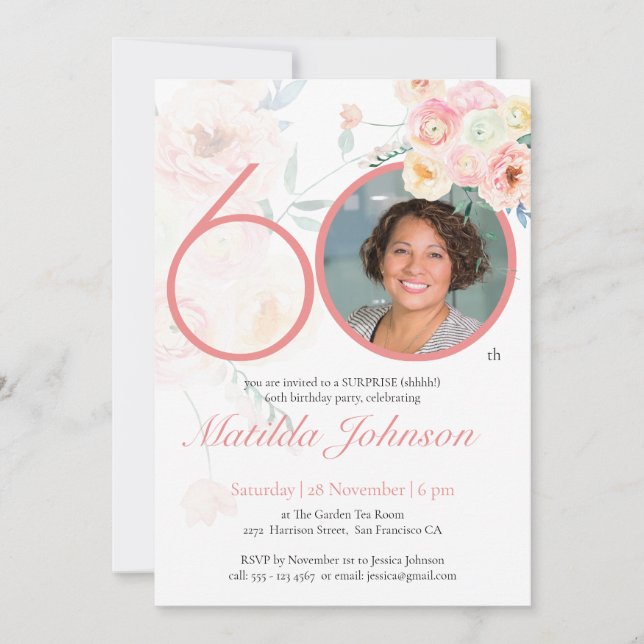 Invitation Surprise 60e anniversaire rose floral photo person (Devant)