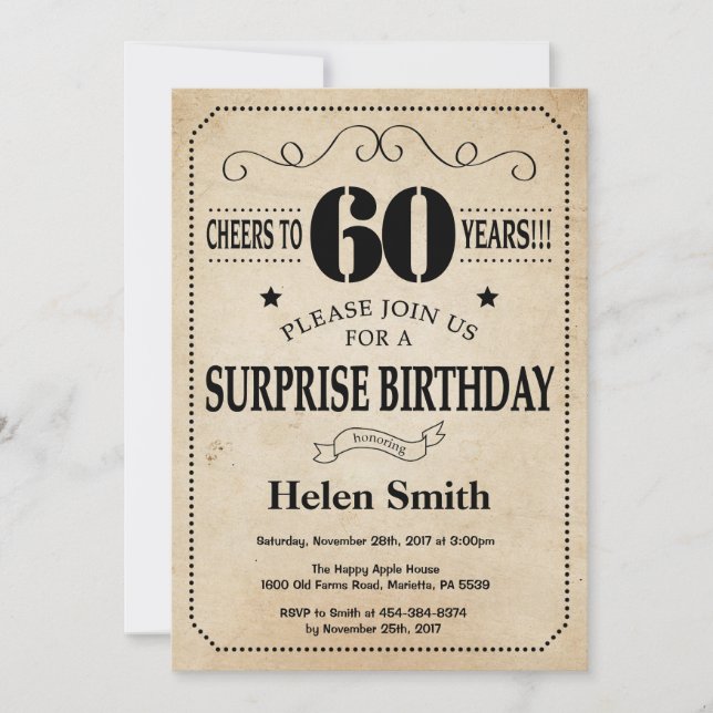 Invitation Surprise 60e anniversaire Rustic Vintage Retro (Devant)
