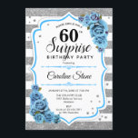 Invitation Surprise 60e anniversaire - Silver White Blue<br><div class="desc">Invitation surprise 60e anniversaire. Blanc féminin, bleu bleu aqua turquoise design avec fausse parties scintillant argent. Comprend des rayures, des roses bleu pâle, des caractères de script et des confettis. Parfait pour une soirée d'anniversaire élégante. Peut être personnalisé pour montrer n'importe quel âge. Message-moi si vous avez besoin d'une personnalisation...</div>