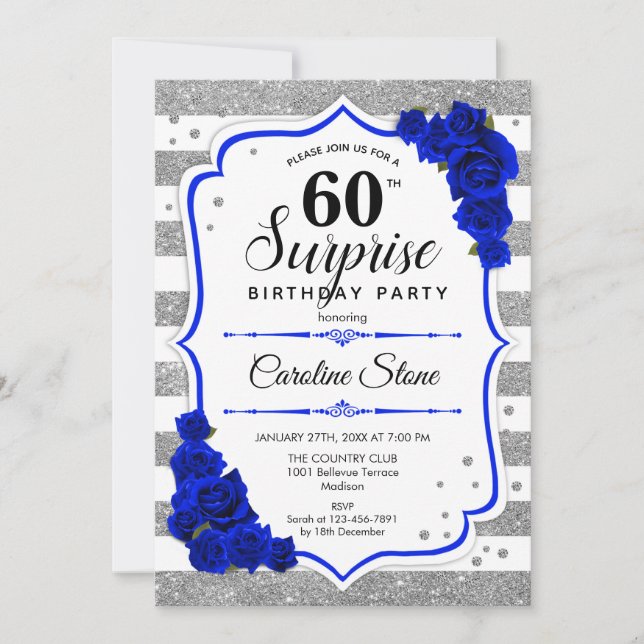 Invitation Surprise 60e anniversaire - Silver White Royal Blu (Devant)