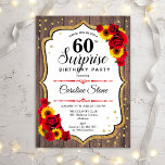 Invitation Surprise 60e anniversaire - Tournesols Bois rustiq<br><div class="desc">Invitation surprise 60e anniversaire. Feminine rustique noir,  blanc,  rouge design avec fausse parties scintillant or. Motif en bois,  roses rouges,  tournesols,  caractères de script et confettis. Parfait pour une soirée d'anniversaire élégante. Peut être personnalisé pour montrer n'importe quel âge. Message-moi si vous avez besoin d'une personnalisation plus poussée.</div>