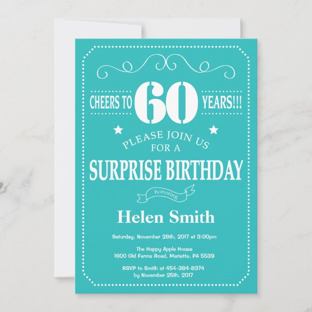 Invitation surprise 60e anniversaire Turquoise et  (Devant)