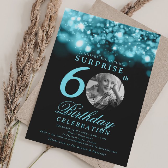 Invitation SURPRISE 60e anniversaire Turquoise Midnight Glam (SURPRISE 60th Birthday Turquoise Midnight Glam Invitation)