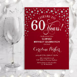 Invitation Surprise 60e fête d'anniversaire - Argent rouge<br><div class="desc">Invitation de fête du 60e anniversaire surprise. Design élégant en rouge foncé et faux argent parties scintillant. Fonctionne la police de script et les confettis de diamants. Salutations à 60 ans ! Message-moi si vous avez besoin d'une personnalisation plus poussée.</div>