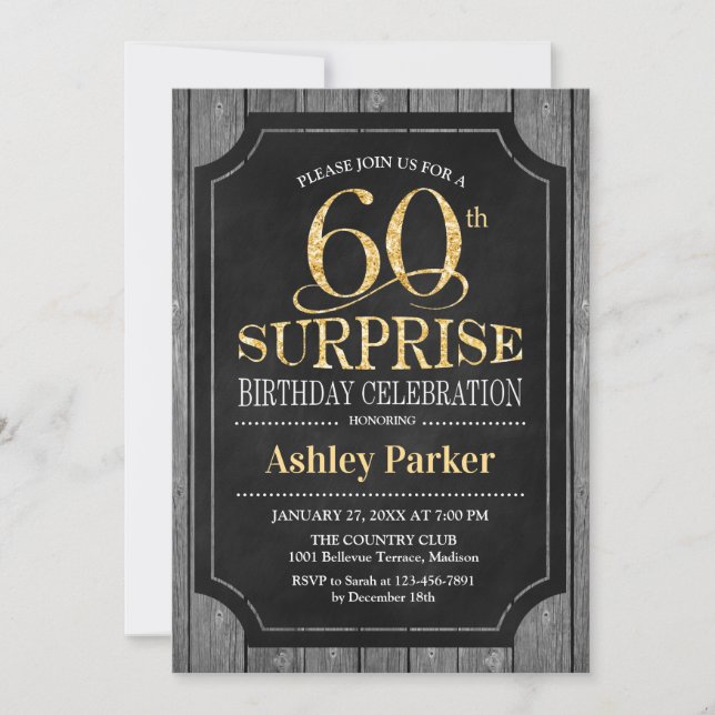 Invitation Surprise 60e fête d'anniversaire - Chalkboard Gold (Devant)