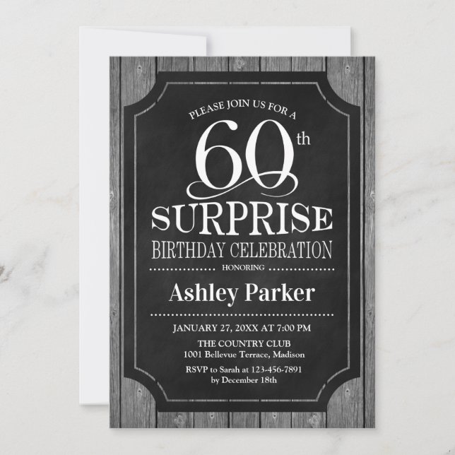 Invitation Surprise 60e fête d'anniversaire - Chalkboard Whit (Devant)